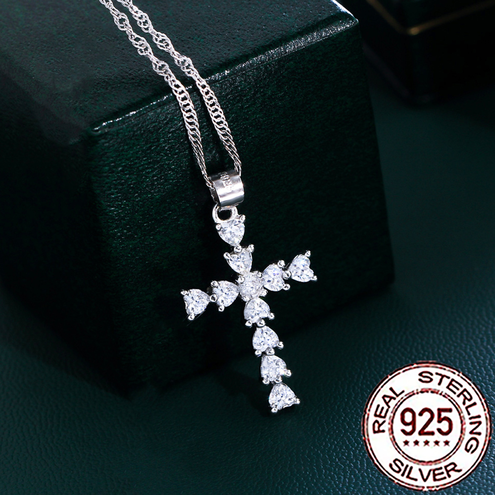 Xcm Chain - CWWZircons 925 スターリングシルバーシャイニーハート CZ ストーンクロスデザインネックレス女性用ファインパーティーコスチュームジュエリーアクセサリー SD013