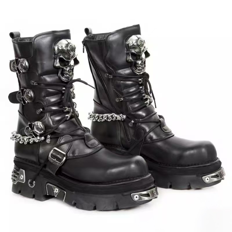 ファッションメンズ本革オートバイブーツゴススカルパンク新ユニ - Motorcycle Chain のレビューと価格